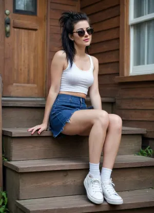 Use this exact prompt, without any changes or additions, a full-body shot of a disheveled, black-haired punk woman in her thirties wearing sneakers. She walks past a charming, rustic wooden house with a shy smile, wearing mirrored sunglasses, she sits on the steps and spreads her legs slightly, revealing white panties beneath her micro-skirt. Straight-on, low-angle view. micro-skirt.