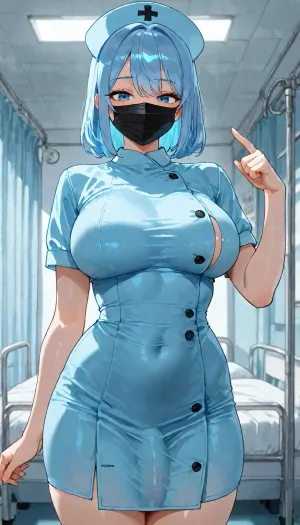 Futanari, solo, short height, light skin, blue hair, blue eyes, small boobs, wear blue coloured nurse dress, wearing mask, standing beside hospital bed, showing curves, pointing to a room at side, blushing, looking down at viewer on bed, in public, in hospital, <lora:add-detail-xl:1.2>, <lora:attractive_notrigger:1.2>, <lora:detailed_notrigger:1.2>, <lora:LCMTurboMix_Euler_A_fix:1.2>