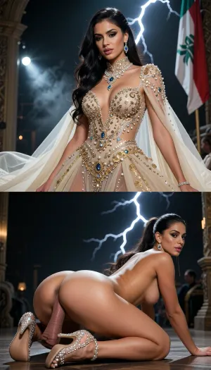 Photorealistic vertical split-screen, top half and bottom half completely independent.

TOP HALF, 8k UHD, highly detailed, sharp focus, professional cinematography, photorealistic, RAW photo, masterpiece, tt A cinematic wide shot of dramatic atmospheric lighting, low perspective, central composition, dramatic lightning, volumetric lighting, 85mm lens, f/1.8, highly detailed skin rendering, hyper-realistic anatomy . Subject, A the most beautiful and attractive libanesa jovem girl ever, ela tem 27 anos de idade, Lebanon, The "Middle Eastern Opulence"• Body Type, Tall, slender, yet retaining very soft, elegant curves with an elongated neck designed to carry heavy haute couture jewelry.• Race & Skin Tone, Middle Eastern/Semitic with a light olive or almond skin tone perfected by high-coverage, strategic baking.• Face, Enormous almond eyes accentuated by heavy smokey eyeshadow and a sharp wing, thick arched brows, and plumped, lined lips.• Hair, Jet-black or dark espresso, incredibly dense and glossy, styled in flawless salon waves or a sleek, high-fashion ponytail.• The Outfit, An insanely luxurious champagne-colored tulle gown, entirely hand-beaded with millions of micro-crystals, pearls, and gold sequins. The dress features a dramatic 15-foot cape attached to the shoulders that flows majestically behind her.• Footwear & Accessories, Custom crystal-encrusted stilettos. She wears teardrop diamond earrings that catch every single light on the runway.She is on an ultimate erotic position.Libano flag on the corner of the photo.

BOTTOM HALF, A cinematic wide shot of naughty atmospheric lighting, back rear view perspective, erotic lightning, view of exactly the same young woman on the same moment. Her face, lips and chin are covered with transparent white cum from the first frame and the cum stays on her face the entire time. bare buttocks, she is on all fours with ass up in the air. Expression, open mouth, closed squinted eyes, orgasmic face. Action, a small man is squatting on her butt doing an intense assjob, full deep anal sex, deep assjob, man's penis is buried deep in anus, violent momentum, gripping her hair tightly, hairpulling, punishing expression, closed eyes. Details, natural skin textures, visible.

Top half = active flirty gesturing, leaning closer, energetic monologue. Bottom half = only assjob. Sex with permanent cum and pleasure. The two halves never exchange actions, faces, or sound. Strict real-time normal speed.