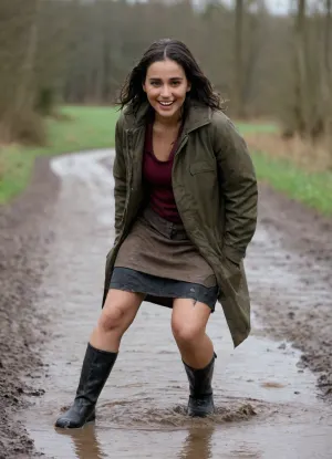 The air is warm and humid, and on the bank of the small river lies a wide, muddy patch, softened by the rain of the last few days. A young, plump Black woman in everyday clothes – a loose-fitting parka, a knee-length fabric skirt, sturdy shoes – is just taking a step too close to the slippery edge.

Her foot slips.

The moment she loses her balance, her body tenses reflexively. Her arms shoot forward, her upper body lurches across the slippery surface, and she falls face-down into the mud. The impact is soft but loud, a dull splash, followed by a wide spray shooting out in all directions.

The mud splashes over her jacket, over her shoulders, even a little onto her face. Her parka is left with a large, dark streak of mud across the front. A few drops land on her forehead, and a fine spatter even hits her glasses, which are askew.

For a moment, she simply lies there, taken by surprise, caught halfway between shock and laughter. Then she lifts her head, and a broad, genuine grin breaks through. She laughs at herself, at the embarrassing but somehow funny fall, whilst the mud slowly runs down her clothes.

The scene looks like a spontaneous still from a comedy series, a mishap that doesn’t hurt anyone, but brings a smile to everyone’s face.