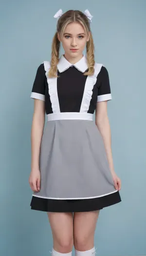 beautiful blonde 18 years old with ponytails woman, white bows, black dress, white apron, soviet school uniform, white high boots, high heels, Femboy model, blonde, small breasts, looking down, background blue walls, suxl, M3L0DYM4RK5, MELODY-MARKS, Sch0llg1rl, American, European, Scandic, Canadian, uniform, <lora:suxl:.8>, <lora:M3L0DYM4RK5 [vvugot1905cc735fbp19f1]:1.8>, <lora:melody-marks-xl:2>, <lora:Schoolgirl:.8>