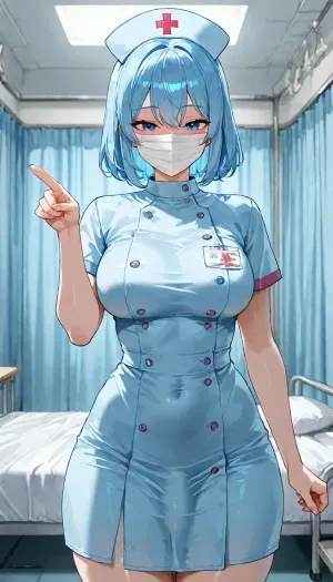 Futanari, solo, short height, light skin, blue hair, blue eyes, small boobs, wear blue coloured nurse dress, wearing mask, standing beside hospital bed, showing curves, pointing to a room at side, blushing, looking down at viewer on bed, in public, in hospital, <lora:add-detail-xl:1.2>, <lora:attractive_notrigger:1.2>, <lora:detailed_notrigger:1.2>, <lora:LCMTurboMix_Euler_A_fix:1.2>