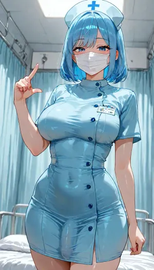 Futanari, solo, short height, light skin, blue hair, blue eyes, small boobs, wear blue coloured nurse dress, wearing mask, standing beside hospital bed, showing curves, pointing to a room at side, blushing, looking down at viewer on bed, in public, in hospital, <lora:add-detail-xl:1.2>, <lora:attractive_notrigger:1.2>, <lora:detailed_notrigger:1.2>, <lora:LCMTurboMix_Euler_A_fix:1.2>