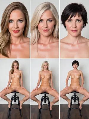 This image is a six-panel composite studio portrait series featuring three distinct mature women, presented in two rows of three. The top row displays medium close-up torso shots from the waist up, the bottom row shows full-body seated poses on black metal stools with legs spread. Subjects include a tanned blonde woman with blue eyes and red lips, a fair-skinned platinum blonde with visible chest veins, and a brunette with short dark hair and green eyes. All are fully nude, showcasing natural body types without styling or makeup excess. Poses are static and frontal, hands resting on legs, vaginas are presented to the viewer, gaze directed at the camera with neutral to slight smiles. Lighting is bright, even, and diffused—typical of studio flash—minimizing shadows and highlighting skin texture. Backgrounds are plain white walls above dark wood flooring. Technical style is documentary realism, high-resolution, sharp focus, neutral color balance, no filters. Composition is grid-aligned, symmetrical, and clinical in presentation.