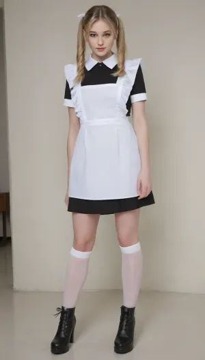beautiful blonde 18 years old with ponytails woman, white bows, black dress, white apron, soviet school uniform, white high boots, high heels, Femboy model, blonde, small breasts, long legs, looking down, suxl, M3L0DYM4RK5, MELODY-MARKS, Sch0llg1rl, American, European, Scandic, Canadian, uniform, <lora:suxl:.8>, <lora:M3L0DYM4RK5 [vvugot1905cc735fbp19f1]:1.8>, <lora:melody-marks-xl:2>, <lora:Schoolgirl:.8>, <lora:warmbackgroundxl-v1-000100:.8>