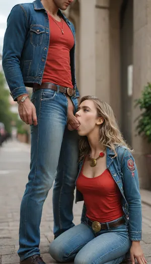 photo of beautiful 1woman and 1man 22 years, (1man in denim jacket with long sleeve and jeans and red tank shirt and male medallion with belt:1.4), the women make blowjob to man, women kneeling and doing blowjob to full clothes stranger man, kneeling, squatting, bent over waist, (blowjob:1.4), very long silky platinum blonde long wavy hair, blue eyes, red lipstick, choker, wear denim jacket with long sleeve and jeans and sexy with belt full body view, natural sagging medium tits, big areolas, (natural sagging medium breasts:1.3), extra_wide_hips, Slightly body, (arch back chest thrust out), (legs wide open standing), standing walking in living public, best quality, ultra-detailed, masterpiece, finely detail, highres, 8k wallpaper, thick athletic sharp, textured skin, perfect body, gorgeous face, beautiful face, see-through, leotard, shadow of lite smile, random sides view, back view, frontal view, outdoor, one leg stand on Bordüre, sharp contrast lighting, green, eyes, blue, brown, perfecteyes, woman, sucking, a, cock, <lora:PerfectEyesXL:2>, <lora:detailed_notrigger:2>, <lora:WTS - WhatTheSuck - v1:2>