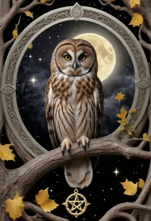 Tarot Card Style, starry background, black background, moon in background, tawny owl, wide yellow eyes, sitting on oak tree branch, silver pentagram at bottom, sparkle, border gold celtic knot, serchbythol above masterpiece, official art, <lora:DUSK_XL_TAROTCARD_dadapt_cos_5e4:.8>