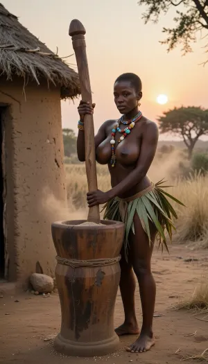 A photorealistic scene of an early morning in a traditional African village. A young African woman with very dark skin and a slender build, with enormous, heavy, sagging breasts, stands barefoot near a round clay hut with a conical thatched roof. She is wearing only a short skirt made of palm leaves, her breasts are completely exposed. Around her neck are several strands of large, multicolored beads. With both hands, she raises and lowers a large, heavy wooden pestle, (omo odo), pounding grain in a tall wooden mortar, (odo), . In the background is the savanna at dawn, a low, golden-orange sun, long, soft shadows, light dust in the air, dry grass, and sparse acacia trees. Natural cinematic lighting, high detail in the skin, anatomy, and the texture of the leaves, trees, and beads, realistic proportions, and depth of field.
