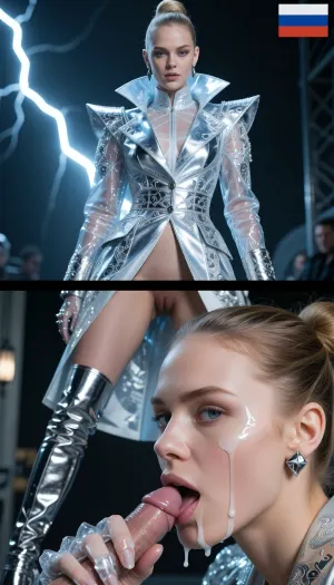 Photorealistic vertical split-screen, top half and bottom half completely independent.

TOP HALF, 8k UHD, highly detailed, sharp focus, professional cinematography, photorealistic, RAW photo, masterpiece, A cinematic wide shot of dramatic atmospheric lighting, High perspective, central composition, erotic lightning, volumetric lighting, 85mm lens, f/1.8, highly detailed skin rendering, hyper-realistic anatomy . Subject, A the most beautiful and attractive Russian jovem girl ever, ela tem 27 anos de idade• 🇷🇺 Russia, The "Ice Queen"• Body Type, Ultra-tall, razor-thin, and skeletal with a rigid, feline runway walk where her arms remain completely still.• Race & Skin Tone, Slavic Caucasian with translucent, cool-toned skin that looks almost icy blue.• Face, Aggressively angular bone structure with razor-sharp cheekbones, pale lips, and piercing, cold gray or light blue eyes.• Hair, Ash blonde or light brown, completely sleek, pulled back into an ultra-tight ballerina bun that lifts her eyes.• The Outfit, A rigid, architectural transparent silver brocade trench-coat dress with exaggerated, sharp square shoulders and a metallic finish that looks like frozen armor. The collar stands high, framing her sharp jawline.• Footwear & Accessories, Thigh-high boots made of mirrored silver chrome leather. She wears sharp, geometric diamond studs and translucent, ice-like resin gloves.She is on an ultimate seductive and extremely erotic pose. Rússia flag on the corner of the photo.

BOTTOM HALF, Three quarters view of the same young woman. Her face, lips and chin are covered with transparent white cum from the first frame and the cum stays on her face the entire time. She greedily kiss the extremely detailed anatomical regular medium cock, looking at the camera with a naughty pleasure expression, moving her mouth on the cock and smearing the cum. quiet pleasure breathing. No counter.

Top half = active flirty gesturing, leaning closer, energetic monologue. Bottom half = only continuous blowjob with permanent cum and pleasure. The two halves never exchange actions, faces, or sound. Strict real-time normal speed.