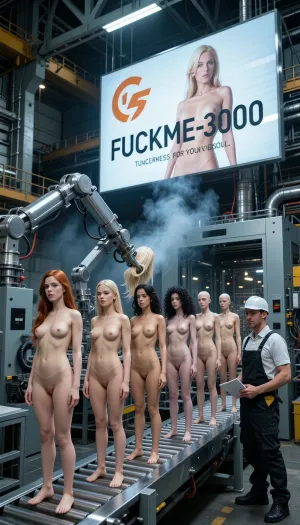 Ultra photorealistic cinematic scene inside an enormous automated manufacturing hall around the year 2040, believable near-future industrial technology, monumental steel architecture, overhead gantries, exposed pipes, cables, enclosed processing machines and articulated metallic factory arms, cold sterile industrial aesthetic, icy white and pale blue production lighting, extremely deep blacks, hard steel reflections, brutal high contrast, thin smoke and industrial vapor drifting through narrow beams, one broad metallic conveyor forms the entire visible production path, carrying exactly seven life-sized premium silicone female companion dolls in one perfectly ordered single-file row with approximately one meter of equal spacing, every doll unmistakably adult around 32 years old, manufactured from exactly the same premium mold, identical face, identical mature athletic feminine body, identical height, identical healthy light European skin tone, identical silicone texture, identical head angle, arm position, leg position and vacant powered-off expression, stunning high-end product design with mature facial geometry, defined cheekbones, clean adult jawline, full symmetrical lips, elegant shoulders, defined waist, shapely hips and long legs, completely inactive and devoid of personality, every doll stands fully upright with both feet clearly on the moving conveyor and every head and body faces precisely in the same direction of travel, no doll stands anywhere on the factory floor, the production sequence is immediately readable, the three front dolls are already finished, one with long copper-red hair, one with smooth brunette hair, one with deep black curly hair, directly behind them stands one completely bald doll at the central hair-installation station while a robotic arm holds a complete long blonde hairpiece only a few centimeters above her smooth bare silicone scalp and visibly lowers it for attachment, directly behind her stand three identical completely bald dolls awaiting their turn, immediately after the third bald doll the conveyor makes a sharp 90-degree turn behind a massive enclosed machine and completely disappears from view, preventing any endless vanishing-point effect, one human factory worker beside the conveyor breaks the rigid repetition, wearing a hard hat, dark bib overalls, white T-shirt, rubber work boots and holding a small clipboard, high above hangs a gigantic illuminated billboard showing a glamorous finished companion doll in elegant seductive lingerie, refined orange manufacturer logo, large clear lettering reading "FUCKME-3000", directly beneath it the softer slogan "TENDERNESS FOR YOUR SOUL", realistic silicone translucency, individual hair fibers, brushed steel, industrial grime, cinematic full-frame photography, crisp focus on the hair-installation moment, strong micro-contrast, atmospheric depth, subtle analog grain