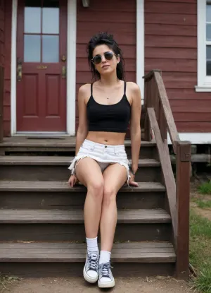 Use this exact prompt, without any changes or additions, a full-body shot of a disheveled, black-haired punk woman in her thirties wearing sneakers. She is walking near a charming, rustic wooden house with a shy smile, wearing mirrored sunglasses, she sits on the steps, and white panties are visible beneath her micro-skirt.