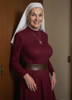(((raw))), (((candid))), elderly 80 years old nun, (large breasts), thin, slim, modest closed covering skin-tight conservative burgundy nun dress, in a confessional, alone, midnight, horny, kinky, close-up, (secret affair), seductive smile, amorous, arousing, bra's contours subtly show on the fabric of her clothing, She is wearing a thin narrow belt around her waist natural fit, and subtle details
