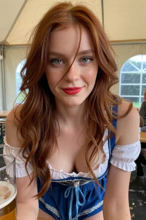 Beer tent interior scene, close-up, beautiful woman, beauty, cute, slim, deep green eyes, red lipstick, (long redhead hair, extremely long hair, wavy hair, tousled hair across face:1), (slight smile:1), freckles, realistic, detailed skin texture, moist skin, (blue and white Bavarian dirndl with short skirt:1.2), sleeves, detailed skin, pale skin