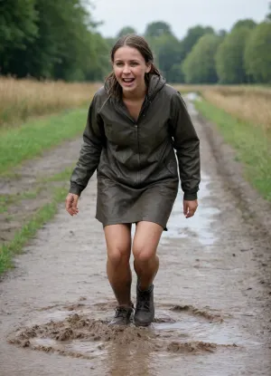 The air is warm and humid, and on the bank of the small river lies a wide, muddy patch, softened by the rain of the last few days. A young, plump Black woman in everyday clothes – a loose-fitting parka, a knee-length fabric skirt, sturdy shoes – is just taking a step too close to the slippery edge.

Her foot slips.

The moment she loses her balance, her body tenses reflexively. Her arms shoot forward, her upper body lurches across the slippery surface, and she falls face-down into the mud. The impact is soft but loud, a dull splash, followed by a wide spray shooting out in all directions.

The mud splashes over her jacket, over her shoulders, even a little onto her face. Her parka is left with a large, dark streak of mud across the front. A few drops land on her forehead, and a fine spatter even hits her glasses, which are askew.

For a moment, she simply lies there, taken by surprise, caught halfway between shock and laughter. Then she lifts her head, and a broad, genuine grin breaks through. She laughs at herself, at the embarrassing but somehow funny fall, whilst the mud slowly runs down her clothes.

The scene looks like a spontaneous still from a comedy series, a mishap that doesn’t hurt anyone, but brings a smile to everyone’s face.