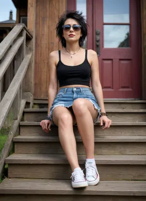 Use this exact prompt, without any changes or additions, a full-body shot of a disheveled, black-haired punk woman in her thirties wearing sneakers. She walks past a charming, rustic wooden house with a shy smile, wearing mirrored sunglasses, she sits on the steps, spreads her legs slightly, and white panties are visible beneath her micro-skirt. Straight-on, low-angle front view, micro-skirt, provocative pose.