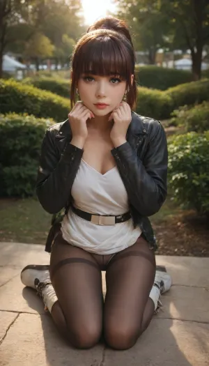 Masterpiece, 8k, uncensored, adult only, (full body front view:1.3), on sun lit park, explicit, no limits, (only one person), (japanese adult gwoman:1.6), (eye colour crimson), (hair colour reddish-brown:1.4), (Seductive adult Japanese face), (Hair with bangs and a ponytail at the nape of the neck:1.5), (short japanese adult woman 24 years old:1.6), (short black leather jacket:1.6), (dark brown nylon pantyhose:1.5), (White straight-cut dress that falls to mid-thigh:1.5), (white fall ankle boots:1.3), (thin black waist strap:1.3), wide hips, (She is sitting with legs pressed together), (wide tights:1.4), Ear piercing, (You can see her cute panties under nylon pantyhose:1.2), (areolas:1.1), (naughty playful pose), (press breasts under dress), She is looking at you, (she playfully pressing her fingers to her own cheeks:1.4), (her dress accidentally rode up:1.3), Soft Pink Manicure, black leather thin chocker