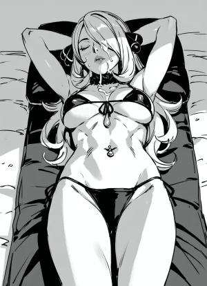 (((black and white sketch))), stylized background, An illustration in a graphic style, 1woman, solo, Cynthia from Pokémon, in bikini, hands behind head, sunbathing, sleeping, on beach, naval piercing, cum on face, <lora:sketch_it:1.2>