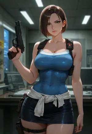 masterpiece, best quality, absurdres, newest, highres, very aesthetic, 1girl, solo, mature female, adult, jill valentine, (resident evil), (jill valentine, (resident evil), , :1.2), resident evil 3, brown hair, short hair, blue eyes, beautiful detailed eyes, athletic, medium breasts, toned abs, narrow waist, blue tank top, sleeveless, black miniskirt, short skirt, thigh holster, gun holster, holding gun, handgun, pistol, standing, looking at viewer, serious expression, confident, police station, raccoon city police department, rpd lobby, office interior, desks, dim lighting, emergency lights, detailed background, cinematic lighting, rim light, depth of field, detailed face, detailed hands, intricate details