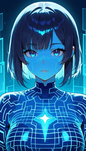 close view, accent to upper body, A hologram of a girl, semitransparent hologram, blue hologram, holotech, <lora:Holotech:.8>