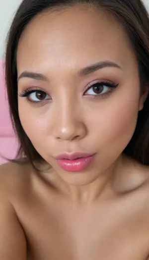(portrait of a Pinay Filipina Asian:1.2), (tightly closed mouth, lips together:1.2), A Filipinas slut face and shoulders, (27 years old), (warm dark brown tanned skin:1.15), (softly overlined lips with muted rosy nude-pink lipstick, subtle mauve undertones, slightly deeper pink lip liner defining the edges:1.2), sheer translucent gloss layered over the lipstick, soft reflective highlights on the center of the lips, naturally full-looking lips, (medium-sized almond-shaped eyes:1.2), (slightly hooded eyes:1.15), (soft relaxed upper eyelids:1.15), (dark brown eyes), (natural softly defined eyebrows:1.15), (low natural eyebrow arch), (medium-width natural nose:1.15), (straight natural nose bridge:1.15), (moderately broad nose bridge), (softly rounded slightly bulbous nose tip:1.2), (naturally wider nostrils:1.15), (subtle nasal width:1.15), (nose proportionate to the face:1.2), (soft natural nose shape), (softly defined jawline), (slightly strong lower jaw), (full rounded cheeks:1.15), (soft oval face:1.2), (slightly elongated oval face), (natural facial asymmetry:1.15), natural facial proportions, (looking straight at camera:1.1), closed lips, (face portrait), (frontal shot), realistic skin texture