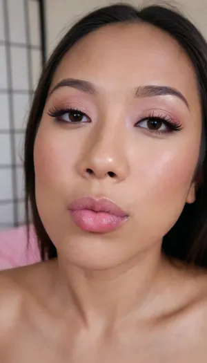 (portrait of a Pinay Filipina Asian:1.2), (tightly closed mouth, lips together:1.2), A Filipinas slut face and shoulders, (27 years old), (warm dark brown tanned skin:1.15), (softly overlined lips with muted rosy nude-pink lipstick, subtle mauve undertones, slightly deeper pink lip liner defining the edges:1.2), sheer translucent gloss layered over the lipstick, soft reflective highlights on the center of the lips, naturally full-looking lips, (medium-sized almond-shaped eyes:1.2), (slightly hooded eyes:1.15), (soft relaxed upper eyelids:1.15), (dark brown eyes), (natural softly defined eyebrows:1.15), (low natural eyebrow arch), (medium-width natural nose:1.15), (straight natural nose bridge:1.15), (moderately broad nose bridge), (softly rounded slightly bulbous nose tip:1.2), (naturally wider nostrils:1.15), (subtle nasal width:1.15), (nose proportionate to the face:1.2), (soft natural nose shape), (softly defined jawline), (slightly strong lower jaw), (full rounded cheeks:1.15), (soft oval face:1.2), (slightly elongated oval face), (natural facial asymmetry:1.15), natural facial proportions, (looking straight at camera:1.1), closed lips, (face portrait), (frontal shot), realistic skin texture