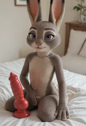 (Furry, Judy Hopps from "Zootopia":1.7), ((Disney)), rabbit, Judy Hopps holds knotted dildo, canine dildo, fox dildo, bed.