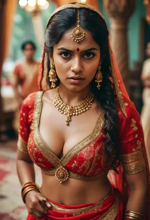 Beautiful Snarling angry Indian woman in traditional Indian wedding dress with a fat ass and toned body, cleavage, youthful petite, short, 5_foot_2_inches, <lora:MJ52:1.2>