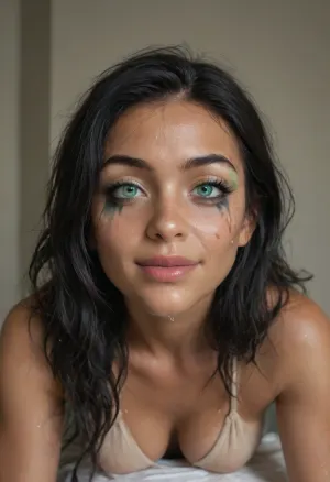Midjourney, solo, (25 year old+preppy+tanned_skin+crossfit_body+light green eyes+long messy black hair+light makeup:1.5), (stunning+cute+tall+symmetrical+detailed+gorgeous face:1.1), (high_cheekbones+narrow_chin+broad_jaw+upturned_nose), full body view from below, deep perspective, perfect smile, prostrate, groveling, worshipping viewer, head down ass up, legs spread, energetic, eager to please, happy, (wet skin+sweat+dripping from face and body:1.5), (snatched waist, wide hips, perky medium breasts, hourglass figure, tan lines:1.3), (realistic skin, skin pores freckles moles blemishes wrinkles), (good girl, submissive, obedient, subservient, willing, eager, good sub, sub space, dominated, praised, praise_kink), 32k, taken with Canon, DSLR, professional photo, masterpiece, ultra_high_quality, ultra_realistic