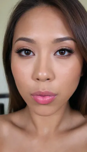 (portrait of a Pinay Filipina Asian:1.2), (tightly closed mouth, lips together:1.2), A Filipinas slut face and shoulders, (27 years old), (warm dark brown tanned skin:1.15), (softly overlined lips with muted rosy nude-pink lipstick, subtle mauve undertones, slightly deeper pink lip liner defining the edges:1.2), sheer translucent gloss layered over the lipstick, soft reflective highlights on the center of the lips, naturally full-looking lips, (medium-sized almond-shaped eyes:1.2), (slightly hooded eyes:1.15), (soft relaxed upper eyelids:1.15), (dark brown eyes), (natural softly defined eyebrows:1.15), (low natural eyebrow arch), (medium-width natural nose:1.15), (straight natural nose bridge:1.15), (moderately broad nose bridge), (softly rounded slightly bulbous nose tip:1.2), (naturally wider nostrils:1.15), (subtle nasal width:1.15), (nose proportionate to the face:1.2), (soft natural nose shape), (softly defined jawline), (slightly strong lower jaw), (full rounded cheeks:1.15), (soft oval face:1.2), (slightly elongated oval face), (natural facial asymmetry:1.15), natural facial proportions, (looking straight at camera:1.1), closed lips, (face portrait), (frontal shot), realistic skin texture