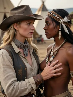 Photorealistic Wild West scene, intimate but calm moment between two women, medium close-up including upper bodies, cinematic natural lighting, shallow depth of field. A blonde, sun-kissed gunslinger and a dark skinned Indigenous American woman face each other in quiet connection, visible cozy fingertip strokes as she gently touches across her friend’s skin. The gunslinger has light skin, sun-tanned, Intense gaze, clear eyes, trusting and peaceful expression. She wears a weathered cowboy hat, a loosely tied neckerchief, a rough linen shirt with a few buttons open, and a worn vest, classic frontier clothing with realistic fabric texture. Her posture is relaxed and open. Opposite her stands the Indigenous woman with dark, rich skin tones, calm focused gaze. She wears a traditional headdress made of natural beads of varying sizes, real pearls, feathers, and a necklace crafted from bone beads, shells, and natural materials. Every element feels handcrafted and authentic. They gaze deeply and intensely into each other's eyes, The background is softly blurred, revealing tipis and the quiet life of a Native American village. Warm earth tones, gentle wind, dust in the air. The entire image radiates stillness, respect, and cultural contrast. Ultra-high resolution, photorealism, realistic skin pores, flawless hands and fingers, natural color grading, no modern elements, Ensure no flaws in the hands and fingers, and create a scene full of authenticity and connection, (maximum detail), (super realistic photo:1.4)
