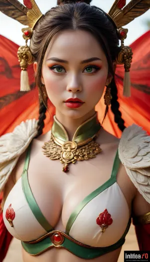 Atla, kyoshi warrior, suki, describe suki from avatar the last airbender when she is in full makeup. Full body image, large breasts, saggy breasts in skimpy bikini top, Suki’s full warrior makeup in Avatar, The Last Airbender transforms her into a striking, fearsome extension of the legendary Avatar Kyoshi. Her entire face is painted in stark white, creating a porcelain, mask-like canvas that completely conceals her skin tone and gives her a statue-esque, intimidating presence.Her eyes are dramatically framed by bold, sharp eye makeup. Thick black liner contours her lids, extending outward into dramatic wings. Painted over her eyelids and arches is a vivid, crescent-shaped swatch of deep red shadow that stretches up toward her temples, making her gaze appear piercing and fierce. Her lips are painted a matching crimson red, sharply defined to contrast against the white base.Framing this intense visage is a heavy golden headdress that secures her brown hair. The ornate crown features a prominent, fan-like centerpiece over her forehead, flanked by delicate gold tassels that drape down past her ears. Her makeup creates a powerful visual harmony with her traditional green silk armor and dark fabric bindings, emphasizing her role as the disciplined, elite leader of the Kyoshi Warriors. bubble butt, toned ass, big ass, plump butt, juicy ass, large sagging breasts, seductive smile, vibrant sunset, full body view 8k, HDR, UHD, ultra detailed, RAW photo, shot on NIKON'S D850, F/1.8, shallow depth of field, sharp focus on the subject, ultra-detailed micro features, highly detailed textures, realistic skin tones, vibrant colors, cinematic composition, maximum detail, hyper-realistic rendering, professional photo quality., <lora:MJ52:.2>