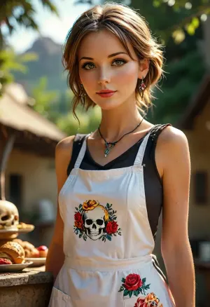 (anime with smooth rendering and vibrant colors:1), outdoor, artistic, low angle, random view, 40 yo, striking mature belle caucasian female, she wears only a loose skull baker's apron, glam punk aesthetic, professional, studio quality, detailed background, illustrated, natural beauty, /KlTTY-ART/, <lora:COMFYUI_mimic_landscape_-_XL_SDXL v2.0:.1>, <lora:attractive_notrigger:.1>, <lora:MJ52:.1>, <lora:flat_chested_v3.5:.1>