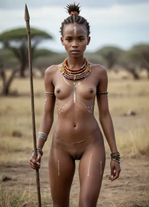 A stunning portrait of an incredibly slim, beautiful naked young African woman standing in the African savannah. She stands with her legs apart holding a spear in her hand. she is completely naked apart from colourful beads around her neck. her pussy is shaved., ((she has tribal markings on most of her body:1.2)), .