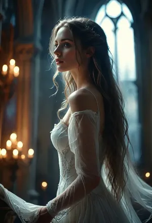 (Dark Fantasy Artwork), artistic, low angle, 40 yo, belle caucasian female, long straight flowing hair, white mesh, revealing, slender, gothic cathedral background, flowing light, ethereal, intricat, dark and moody atmosphere, mystical, elegant, fantasy setting, natural beauty, /KlTTY-ART/, <lora:COMFYUI_mimic_landscape_-_XL_SDXL v2.0:.1>, <lora:MJ52:.1>
