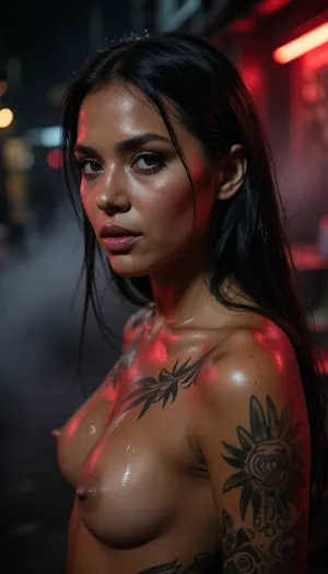 A photorealistic, cinematic masterpiece, a full-body shot of a fictional Thai sex worker, (appearing younger than her 18 years), caught at work in a red-light district at night. The scene captures a completely natural, unposed moment, she freezes suddenly upon hearing a faint sound and turns her attentive gaze toward the viewer. Her entire body, (head to toe), forms the absolute visual focal point, captivating, deep-brown eyes with a hypnotic, instinctive stare and extraordinary detail, razor-sharp iris structures with visible radial fibers and microscopic reflections, individually discernible eyelashes. Her skin is extremely dark and sun-kissed, with breathtakingly realistic texture, visible pores, goosebumps, fine lines, tiny scars, and sweat. Traditional hand-poked bamboo tattoos cover parts of her body. Bold makeup, striking cheekbones, a strong jawline, and naturally textured lips. Long, straight, jet-black hair. She wears alluring, erotic clothing. Surrounded by the dense atmosphere of a Thai red-light district, intense cinematic tension, absolute silence, primal beauty, silent danger, cinematic quality. Extremely shallow depth of field, both eyes and facial skin are razor-sharp down to the finest detail, the background dissolves into atmospheric black bokeh and dense mist, ultra-high resolution, maximum realistic detail, extreme micro-contrast.