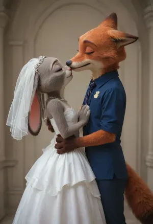 (Furry, Judy Hopps from "Zootopia":1.7), (Furry, Nick Wilde from "Zootopia":1.7), ((Disney)), rabbit, Judy Hopps and Nick Wilde, wedding, wedding dress, kissing, hug, altar.
