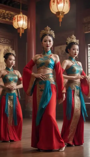 A group of sexy ancient female chinese dancers performing at a Chinese imperial hall, cinematic