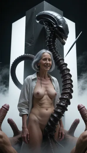 A full-body, head-to-toe. An elderly, innocent, topless, cheerful grandmother who's wearing a blouse, (an aged woman, 70 years old:1.8), . Her skin is that of a 70-year-old woman. The old lady has grey hair, (Small, long, and very saggy breasts:1.8), ((very detailed skin)), . Hair cut in a bob, surrounded by men's giant penises
surreal digital art, a tall, segmented alien-like spine or skeletal tentacle curving gracefully, textured dark organic material, tapering to a sharp, needle-like point, dark silhouette against a stark, high-contrast background, geometric rectangular monolith behind the object, atmospheric misty fog, soft white light diffusing from the bottom, clean minimalist composition, H.R. Giger inspired biomechanical aesthetic, eerie and enigmatic, cinematic lighting, sharp focus, 8k resolution, highly detailed texture.