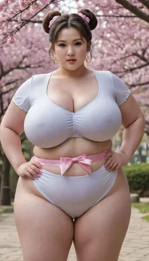 Portrait, Obese 1girl, plumper chun-li, double_bun, hair_bun, petite chubby face, dress, solo, brown_hair, shy smile, double shin, wide jawline, thighs, jewelry, fatty, china_dress, thick_thighs, chinese_clothes, ?, large_breasts, brown_eyes, earrings, ??, english_text, cleavage, clothing_cutout, cherry_blossoms, short_sleeves, hair_ribbon, blush, ribbon, cleavage_cutout, no_panties, muscular, muscular_female, hand_on_hip, pelvic_curtain, thought_bubble, standing, white_dress, bare_legs, outdoors, closed_mouth, huge, breasts, <lora:runga_8.1-000002:.2>, <lora:Taretiti_XL-v1:.4>