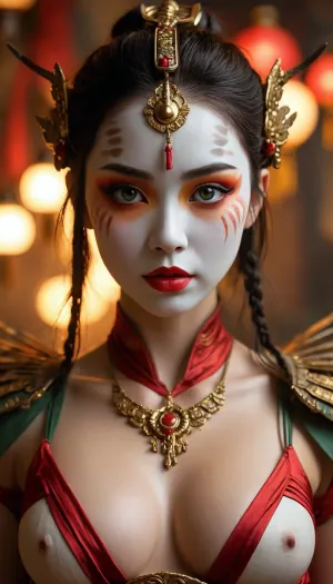 Full body image, bare feet, Atla, kyoshi warrior, suki, describe suki from avatar the last airbender when she is in full makeup. Full body image, large breasts, saggy breasts in skimpy bikini top, Suki’s full warrior makeup in Avatar, The Last Airbender transforms her into a striking, fearsome extension of the legendary Avatar Kyoshi. Her entire face is painted in stark white, creating a porcelain, mask-like canvas that completely conceals her skin tone and gives her a statue-esque, intimidating presence.Her eyes are dramatically framed by bold, sharp eye makeup. Thick black liner contours her lids, extending outward into dramatic wings. Painted over her eyelids and arches is a vivid, crescent-shaped swatch of deep red shadow that stretches up toward her temples, making her gaze appear piercing and fierce. Her lips are painted a matching crimson red, sharply defined to contrast against the white base.Framing this intense visage is a heavy golden headdress that secures her brown hair. The ornate crown features a prominent, fan-like centerpiece over her forehead, flanked by delicate gold tassels that drape down past her ears. Her makeup creates a powerful visual harmony with her traditional green silk armor and dark fabric bindings, emphasizing her role as the disciplined, elite leader of the Kyoshi Warriors. bubble butt, toned ass, big ass, plump butt, juicy ass, large sagging breasts, seductive smile, vibrant sunset, full body view 8k, HDR, UHD, ultra detailed, RAW photo, shot on NIKON'S D850, F/1.8, shallow depth of field, sharp focus on the subject, ultra-detailed micro features, highly detailed textures, realistic skin tones, vibrant colors, cinematic composition, maximum detail, hyper-realistic rendering, professional photo quality., <lora:MJ52:.2>