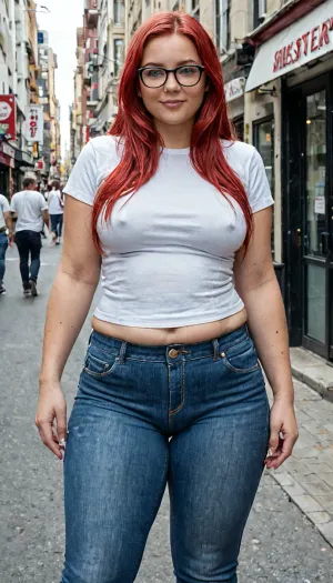 A photograph depicting a beautiful woman, she is a Chubby 23 year old girl, red hair, wavey long hair, medium small chest, glasses, small cameltoe, fully clothed in jeans and a tee-shirt, set against large city street. The woman is from the waist up, day dreaming