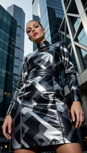 A wide shot of a transsexual woman standing against modern glass city skyscrapers, wearing a structured streetwear dress outfit featuring an architectural razzle dazzle camouflage pattern. The high-contrast geometric lines, angles, and reflections of the clothing seamlessly mirror the sharp grid lines, window reflections, and steel beams of the skyscrapers behind them, creating an optical illusion where they blend into the urban environment. Photorealistic, dramatic urban lighting, sharp focus, 8k resolution.