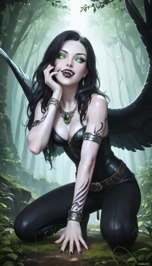 A tall, ethereal woman with long white hair containing black inner strands, white feathered wings on her head, black sclera with glowing white eyes, black lips, sharp fangs, and shifting skin that cracks to reveal a deep black layer beneath as observed from Picture 1, crouches on the forest floor, her digitigrade legs bent as she leans into the touch of the user. Her long, smooth white-scaled tail coils gently around the user's ankle. A young woman with long black hair, porcelain white skin adorned with mystical tattoos, and striking green eyes as observed from Picture 2, kneels before her, wearing elegant dark clothing. One of her hands firmly massages the white feathered head-wings of the ethereal woman, while her other hand rests gently against the other's cheek, her thumb stroking the unique cracking skin texture.

A faint, ethereal green aura shimmers around the user's hands, swirling with necromantic energy that intertwines with the cosmic presence of the woman from Picture 1. The ethereal woman's sharp fangs are positioned just inches from the user's thumb, her expression one of raw, undisguised fascination as she locks eyes with the user. The scene is set in a silent forest clearing, with tall, ancient trees and soft, mossy ground visible in the background.

Photorealistic drawing, indirect cinematic lighting, 32K resolution, intricate details, supreme render, octane engine, ambient occlusion, detailed skin texture, focused, realistic, complex render, perfect contrast. The lighting consists of soft, ambient forest light filtered through the canopy, catching the glow of the green necromantic energy and the white luminescence of the creature's eyes, creating a mystical and intimate atmosphere., <lora:Fantasy with epic details - XL SDXL v1.0:.8>