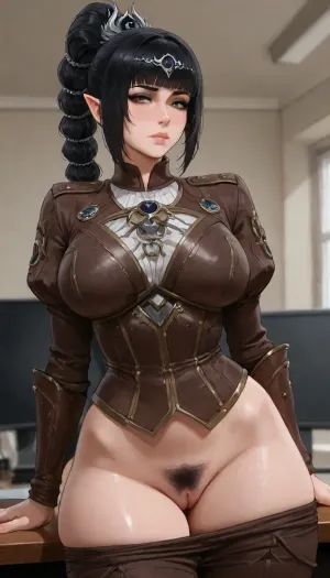 (Shadowheart from Baldur's_Gate_3:1.5), (Baldur's_Gate_3 art style:1.3), Acolyte outfits, slim body, giant breasts, (Completely clothed top), ((in office)), ((modern)), put down pant to expand pussy, extreme thick pubic hair