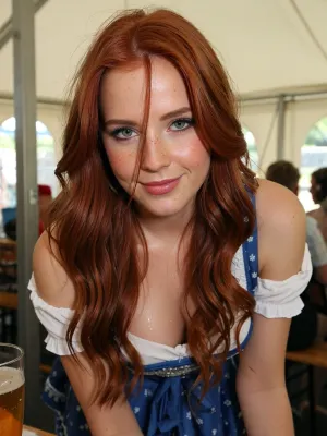 Beer tent interior scene, close-up, beautiful woman, beauty, cute, slim, deep green eyes, (long redhead hair, extremely long hair, wavy hair, tousled hair across face:1), (slight smile:1), freckles, realistic, detailed skin texture, moist skin, (blue and white Bavarian dirndl with short skirt:1.2), sleeves, detailed skin, pale skin
