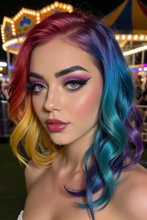 A front-facing beauty portrait of an attractive young woman at an outdoor night carnival. She has a voluminous, side-parted wavy shoulder-length lob with distinct sections of vibrant dyed hair, fiery magenta and red on top, sunny yellow underneath on one side, and vivid cyan, royal blue, and violet throughout the waves. She wears ultra-glam pride makeup, featuring sculpted black eyebrows, exaggerated winged eyeliner, thick false lashes, and intense cut-crease eyeshadow blending neon purple, magenta, and yellow. Her lips are lined with a deep glossy berry lipstick, and her skin has a smooth, radiant glow with subtle metallic shimmer on the cheekbones. In the background, brightly lit carnival ride canopies and warm string lights create a colorful, soft-focus bokeh. Crisp studio-quality lighting, striking eye contact, clean commercial portrait photography.
