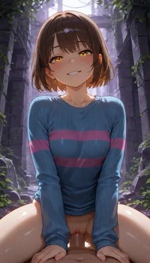Frisk from undertale, ((frisk's face stoic expression)), Frisk have a yellow eyes, (her eyes are glowing in gold yellow), (Frisk's sweater), ((Frisk's long-sleeve light blue sweater with two magenta stripes)), 20 years old, big ass, beatiful body, nude from the bottom, (vagina), (shaved pussy), completely nude male anon, penis, big penis, (shaved penis), Male anon POV, Male anon is lying, frisk is sitting on top of male anon, front view, in a undertale ruins, (very detailed undertale Ruins), ((Undertale ruins depicted as a ruins that are constructed from purple bricks stone)), green vines in the background, small water streams in the background, she is looking at viewer, smiling, masterpiece, professional image, very detailed image, 4K image
