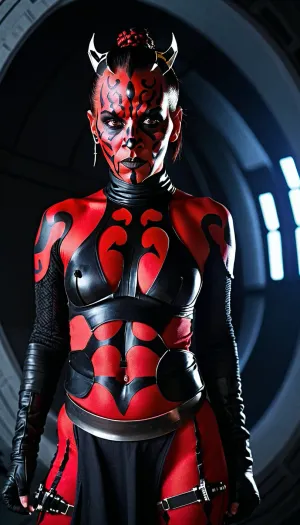 (Female darth maul cosplay:1.2), black hair ponytail, on Death Star, flat, chested, <lora:flat_chested_v3.5:.8>