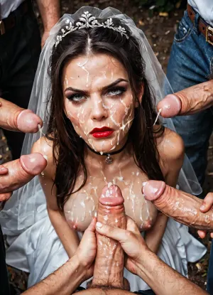 (cumhater:1.3), (disgusted:1.3), cum, bukkake, white thick liquid cum all over her face, face covered in cum, bukkake on her face, (male hand on own penis.:1.5), (((woman in a unwanted situation, she looks hateful and disgusted))), . Beautiful young ideal face, viewer from above, woman looking up, women between ten hard erected penis, pennies pressing against her face, ejaculation sprays on womans face, woman with black bride's hairstyle, long hair, ude upper body, black choker, tiny tits, tight wedding dress. woman lifts her hand into viewer to make a stop gesture, cum dripping from chin onto breast, cum on breast, red lipstick, eye shadow, shadow