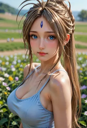 (((belldandy from "Ah! My Goddess"))), ((wearing a light blue summer dress)), (pale skin), (light brown hair), (long straight ponytail), (ahoge), (two loose face-framing locks on either side of her face), light blue eyes, ((blue lozenge mark on forehead)), ((blue lozenge marks on cheeks:1.1)), fair skin, smile, (makeup), athletic body, ((large breasts)), (((half body view))), view from side, best quality, highly detailed, highres, (looking at viewer), HDR, shadows, (ultra realistic:1.3), (maximum quality:1.3), (high resolution:1.3), (extreme detail:1.3), (ultra realism:1.3), (maximum detailed skin:1.3), higly-detailed, ((clear focus)), ((clear depth of field)), reij-snrs, light, and, shadow, by, <lora:sunriseSDXL-000009:.4>, <lora:detailed_notrigger:1.2>, <lora:sdxl_photorealistic_slider_v1-0:2>, <lora:LCMTurboMix_Euler_A_fix:.2>, <lora:3D XL:.3>